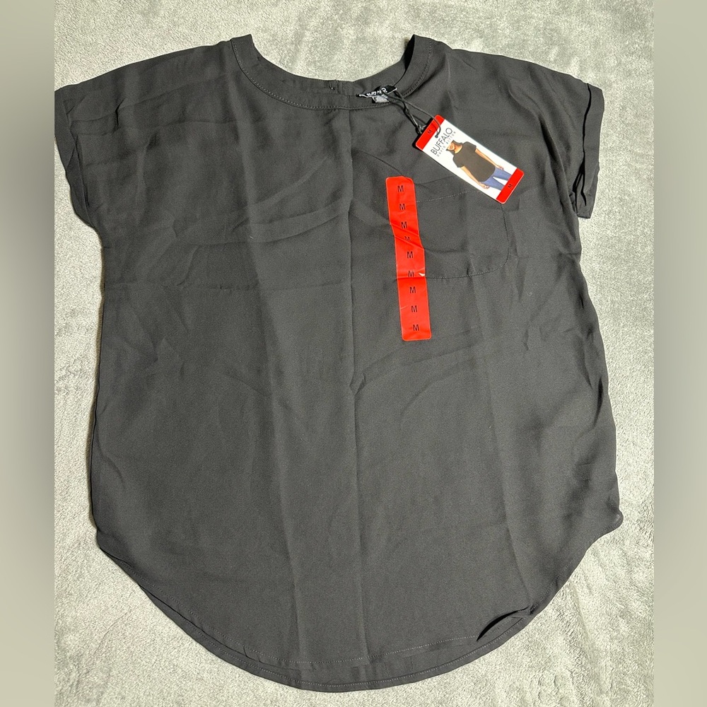 Buffalo David Bitton Ladies' Woven Short Sleeve Blouse with Pocket, Black Medium
